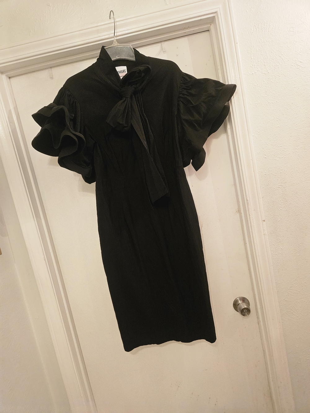 Black Ruffle-Sleeve Tie-Neck Dress
